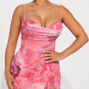 Fashion Nova Bianca Pink Abstract Asymmetrical Front Slit Maxi Dress Size IX